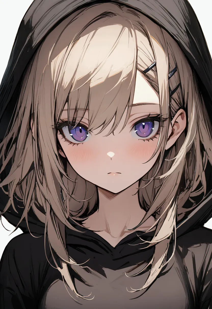 one girl, pretty face, periwinkle eyes, ash blonde, wolf cut hair, chest-length hair, loose fit black hoodie, slim figure, small...