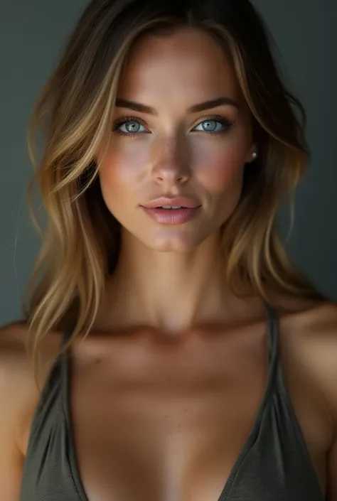 a woman with a striking presence,  with smooth light brown hair that falls softly down to the shoulders,  giving her an air of sophistication and freedom .  Her blue eyes are intense and expressive , , appearing to change shades under different lighting , ...