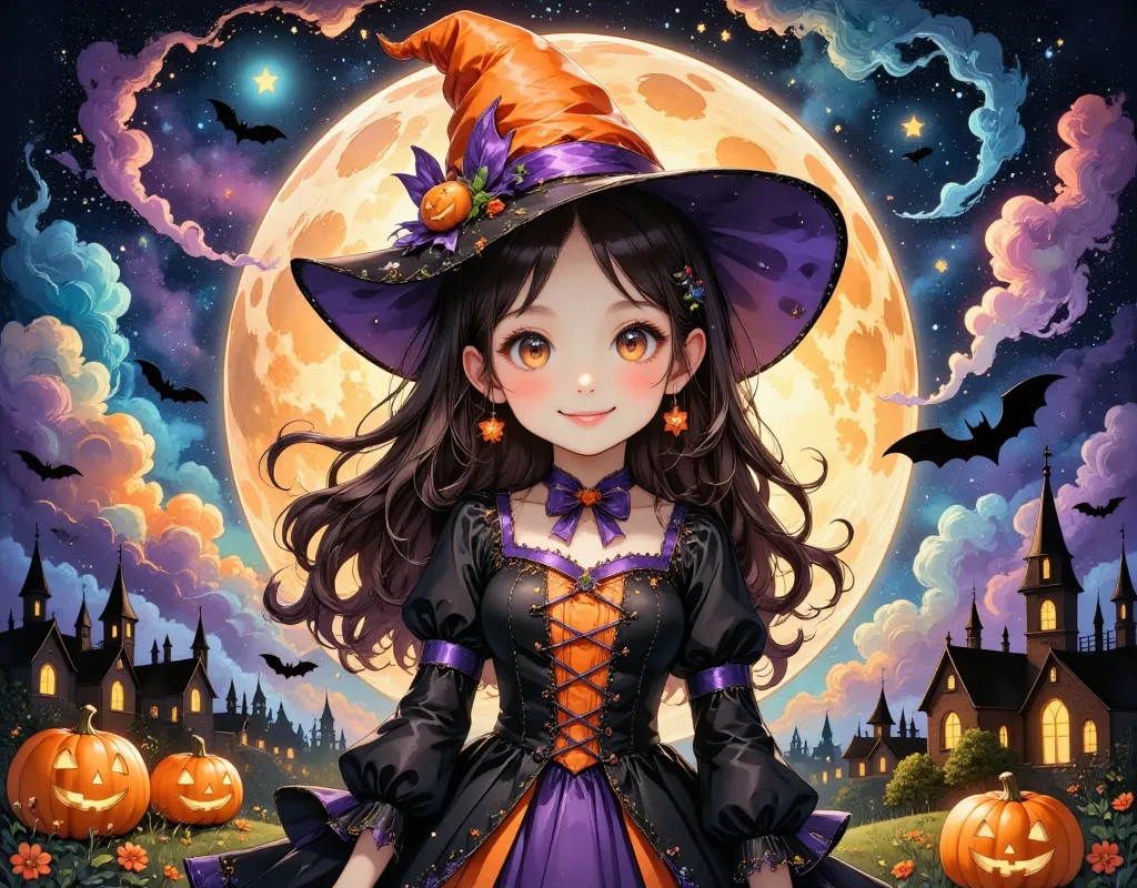 (masterpiece, best quality:1.2), cute girl wearing a halloween witch costume,,dynamic pose,smiling, alone, anatomically correct ...