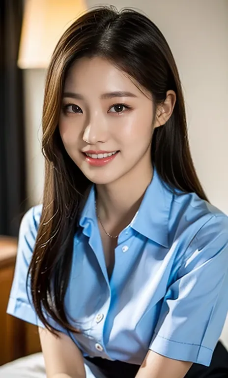 (A stunning Korean lady at night, bedroom, wearing a white button-down short-sleeve blouse, plaid tie, plaid skirt, youthful charms, smooth complexion, beautiful detailed face, beautiful detailed eyes and lips, long eyelashes, slender figure, perfect body ...