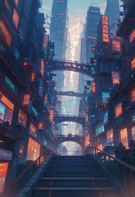 score_9, score_8_up, score_7_up, score_6_up, masterpiece, high quality, cyberpunk, city, signboards, bridges, staircases, 1girl, standing on the staircase, back view