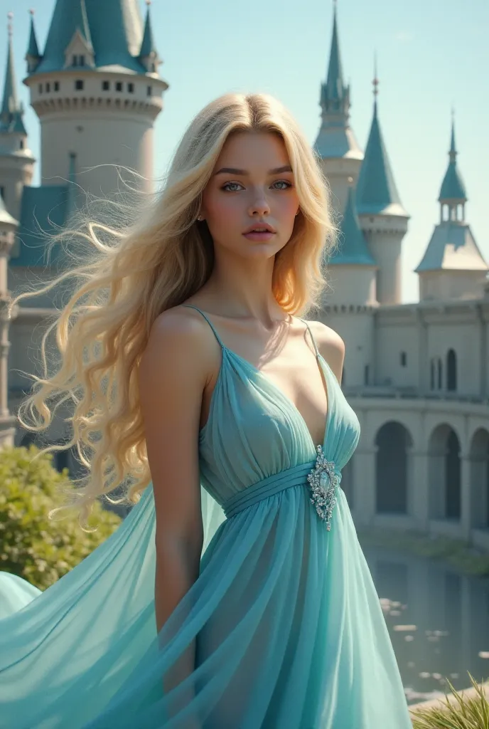 a beautiful girl, sandy hair, in a blue dress, against the background of a beautiful castle