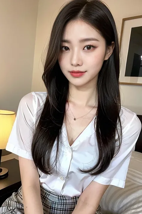 (A stunning Korean lady at night, sitting in bedroom, wearing a white button-down short-sleeve blouse, plaid skirt, youthful charms, smooth complexion, beautiful detailed face, beautiful detailed eyes and lips, long eyelashes, slender figure, perfect body ...