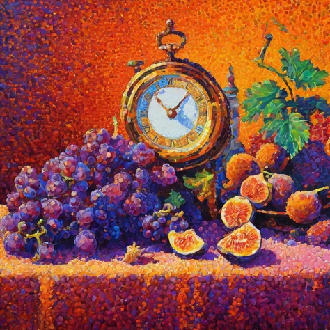 top quality, super detailed, ((pointillism)), (vivid neon colors), ultra-impressionism, abstraction, still life, table clock, gr...