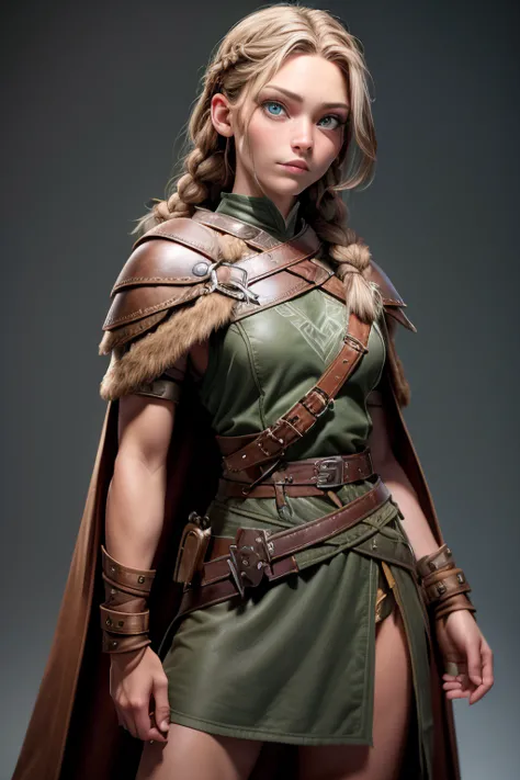 ( masterpiece ,  the best quality) (young warrior woman of nordic descent), (green eyes), (muscle shirt), (fur skirt), (brown ha...