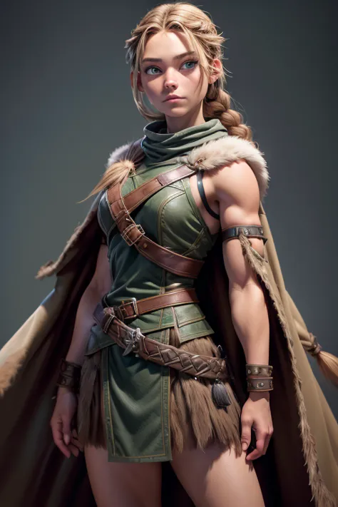 ( masterpiece ,  the best quality) (young warrior woman of nordic descent), (green eyes), (muscle shirt), (fur skirt), (brown ha...