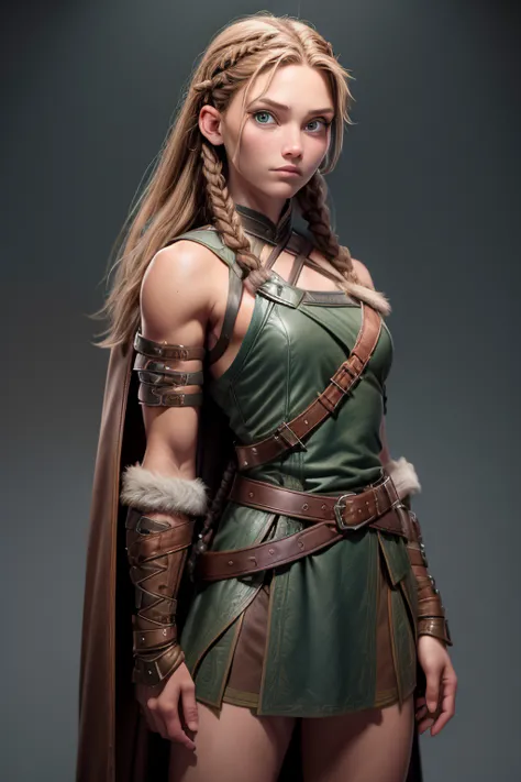 ( masterpiece ,  the best quality) (young warrior woman of nordic descent), (green eyes), (muscle shirt), (fur skirt), (brown ha...