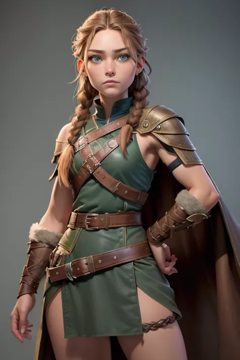 ( masterpiece ,  the best quality) (young warrior woman of nordic descent), (green eyes), (muscle shirt), (fur skirt), (brown ha...