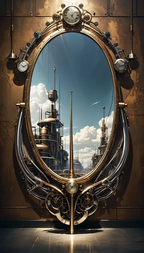 conceptual installation strange and bizarre artwork, shiny copper plated, shiny silver plated, and shiny gold plated smooth room walls, brilliant mirror finish, metal plated, the world of dieselpunk, steampunk, and clockpunk, pistils, delicate and dynamic ...