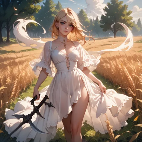 a ghostly see-through ethereal figure in a flowing white dress, with long blonde hair, piercing blue eyes, holding a reaper sick...