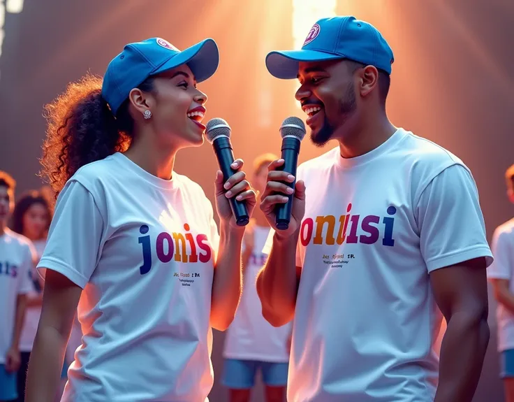 With microphones in their hands characters with the white shirt calsa blue cap blue white shoe  "On the blouse on the front must be written "JMUSIC2050"Colored letters the two characters must be praising God singing feminine and masculine and there must be...