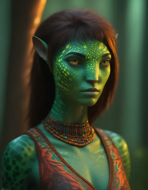 (face portrait), na'vi, 1girl, female, (green eyes), ((big detailed alien eyes)), ((eyebrowless)), ((pointy ears)), (green skin ...