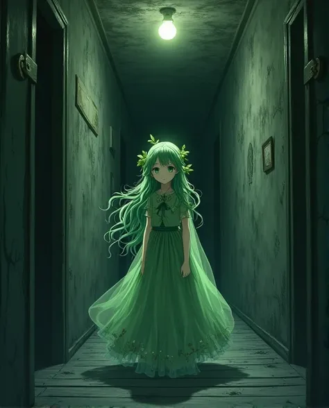 scene and perspective:
The picture shows a young girl, alone and lost in a long, gloomy hallway. The perspective is slightly from below, as if the view is captured from a s height, which reinforces the loneliness and vulnerability. The hallway stretches en...