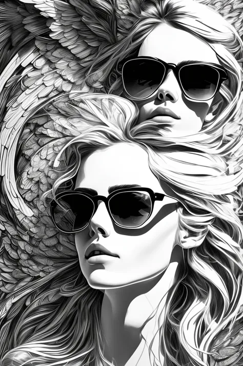 Angel with sunglasses portrait,   one head expresionism, drawing style, sketch, artistic composition, black and white 