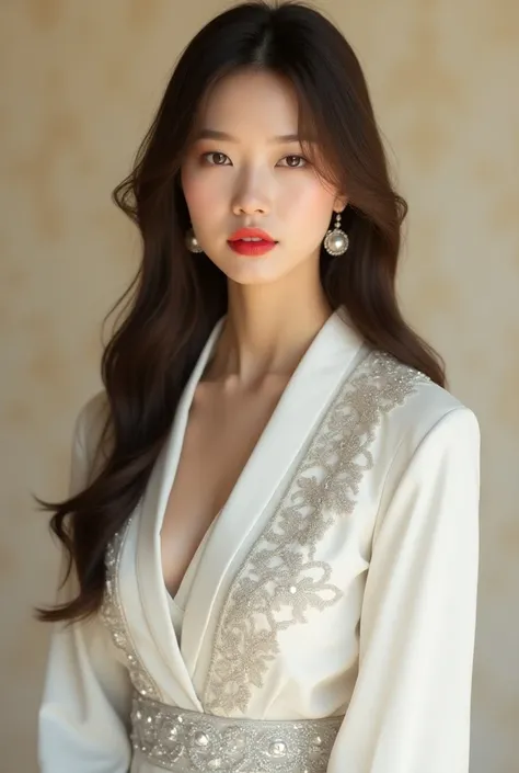 Hyperrealistic image of a Korean woman dressed in a white and silver outfit. She wears a white cap embroidered with small shiny beads that covers her head and forehead. Her hair is long and brown, and is styled in a loose style, falling over her shoulders....