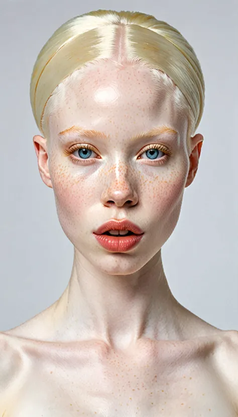 1 extremely beautiful , very albino albinotic african woman . extremely slim, or, with freckles,  symmetrical body , full body, ...