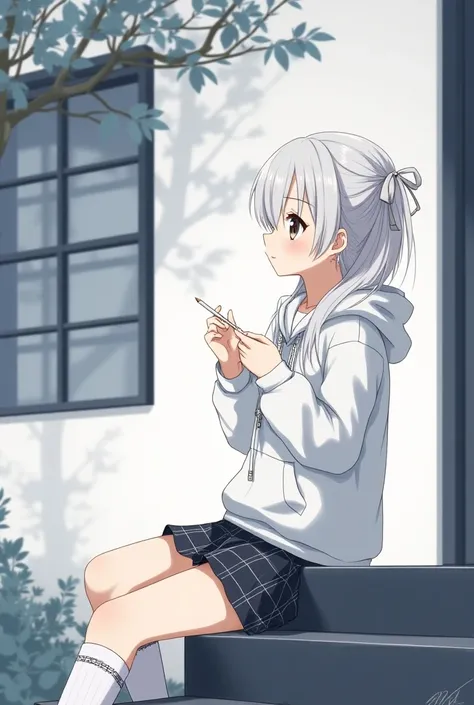 `profile,    Drowning , white hoodie without letters , thin white check skirt, White baseball cap words without letters,  thin white hair , Thin dark white eyebrows , Thin neck,  hair part with small white check string with ribbon,  dark white eyes , small...