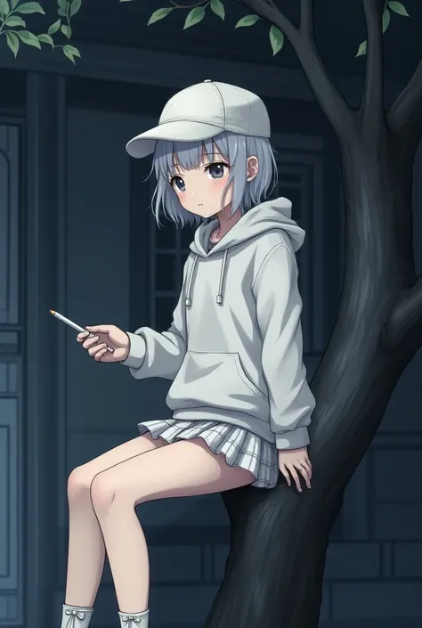 `profile,    Drowning , white hoodie without letters , short white check skirt , White baseball cap words without letters,  thin white hair , Thin dark white eyebrows , Thin neck,  hair part with small white check string with ribbon,  dark white eyes , sma...