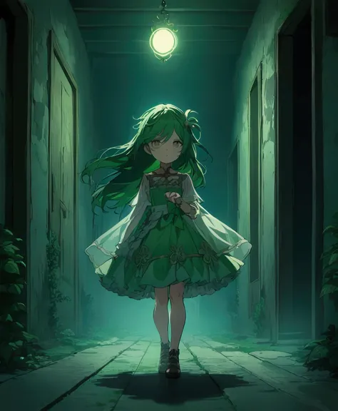 Cecilia Immergreen in a dark corridor 