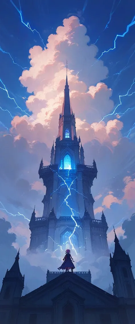 ( score_9, score_8_up, score_7_up)A long, eerie, and huge tower、Purple Sky、Swirling Clouds、blue lightning、