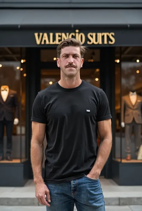  The man in the photo now with approximately  #65 ,Are you wearing a . plain black t-shirt and jeans ,  stands in front of a mens fashion store "Valencio Suits "