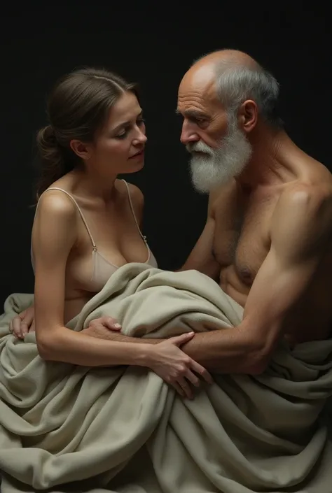 one embarrassed woman and one old man using one blanket and they have no clothes 