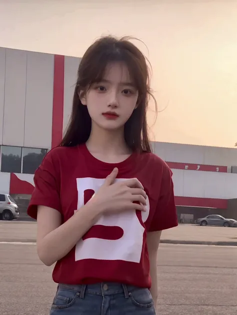 A beautiful girl, 19 years old, wearing a red T-shirt with the word EPO written on it, standing on top of a supermarket building. 