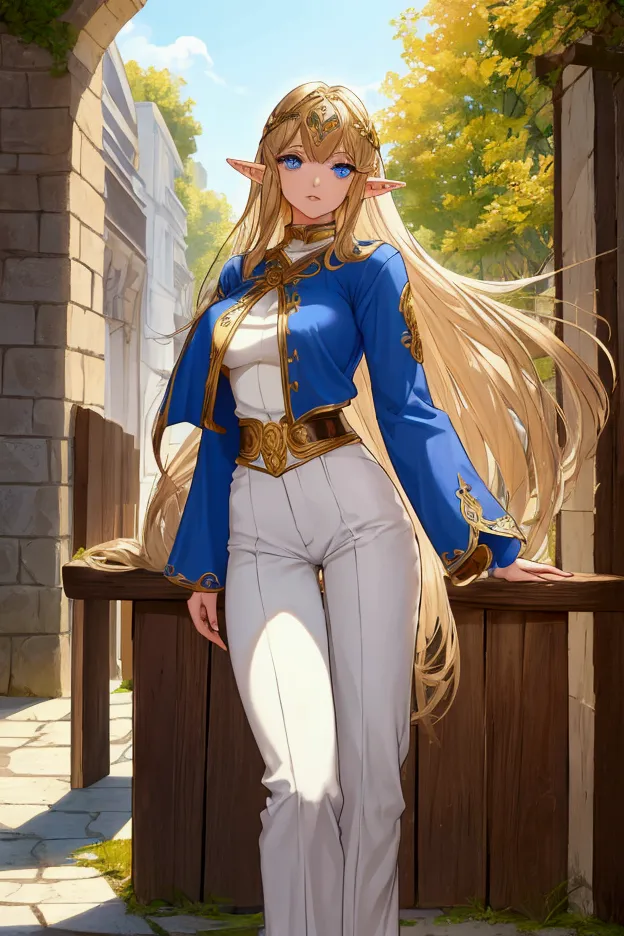  A young female elf , Skinny but sturdy , blue eyes and gold hair ,  wears a brown and white shirt and white pants with a brown mouth, Whole body, Are you in a guild 