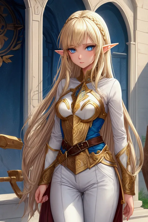  A young female elf , Skinny but sturdy , blue eyes and gold hair ,  wears a brown and white shirt and white pants with a brown mouth, Whole body, Are you in a guild 
