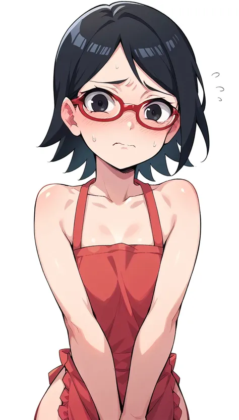 sarada uchiha, solo, 1girl, black hair, short hair, red-framed eyewear, glasses, black eyes, small breasts, posing embarrassed, ...