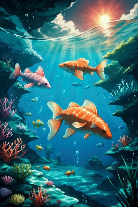 score_9, score_8_up, score_7_up, 1girl, Diving, underwater scenery, crystal clear water, colorful marine life, vibrant coral reefs, majestic sea turtles, graceful manta rays, schools of tropical fish, sun rays shining through the water, tranquil ocean floo...