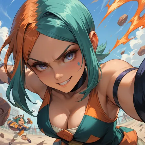 Cerebella de skullgirls,  wearing short dress with a neckline, cleavage on the breasts, smiling, prepared to fight 