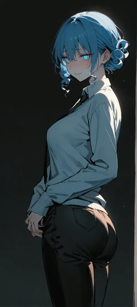 ( masterpiece :1.2, the best quality), 1 woman, upper body, long sweater down to her buttocks, black pants ,black tie, casual, medium breasts, blue hair, curly, Minimalist makeup,pale,natural fabrics, Close-up of the face, wicked smile , eyes hetero...