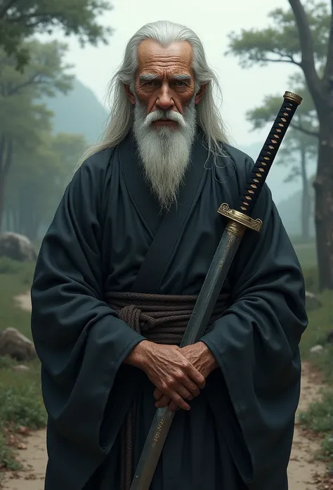 History, Old man, samurai,mistreated,black kimono, Japanese Katana Sword,  long white hair, samurais,Grandpa, rir