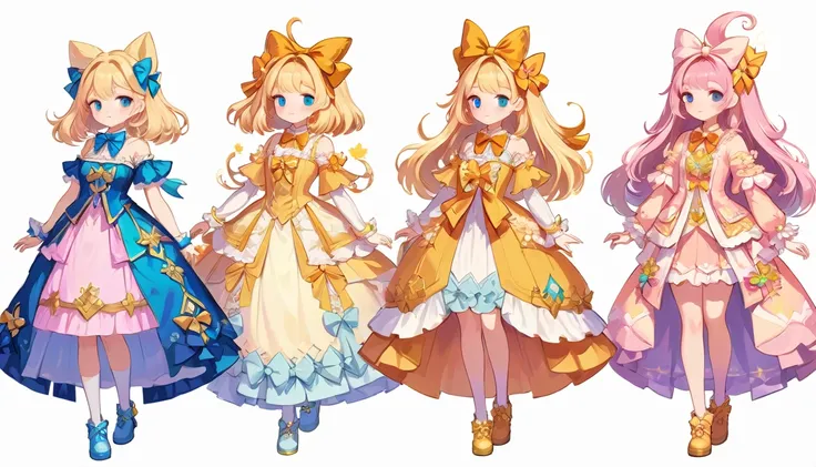 there are four different colored dresses with bows on them, style of magical girl, outfit designs, astral witch clothes, !dream ...