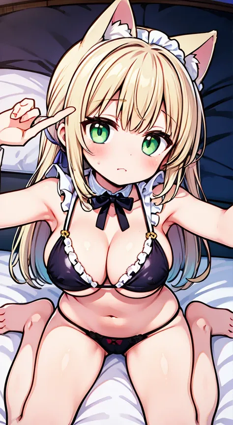 blush, full-face blush,(light green  maid bikini1.3),selfie,wariza on bed,gold twintailshair,cat ear,Cute eyes,side tie panties,Large Breasts,Perfect hands,Perfect legs,girl room,focus on cleavage,lace highQuality,cute eyes,from above,looking up,halloween,...