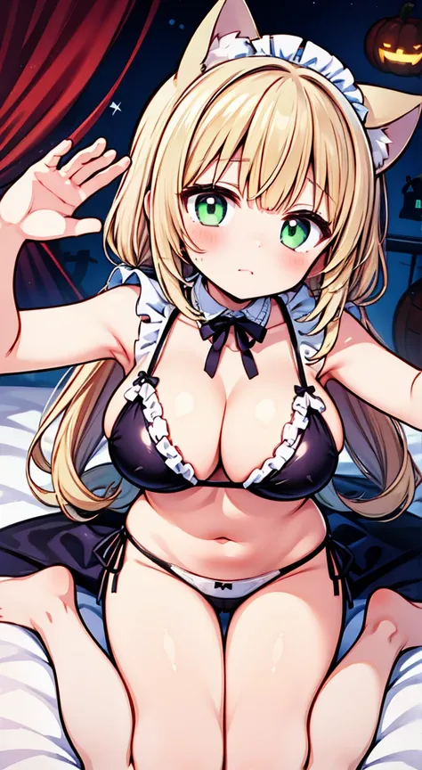 blush, full-face blush,(light green  maid bikini1.3),selfie,wariza on bed,gold twintailshair,cat ear,Cute eyes,side tie panties,Large Breasts,Perfect hands,Perfect legs,girl room,focus on cleavage,lace highQuality,cute eyes,from above,looking up,halloween,...