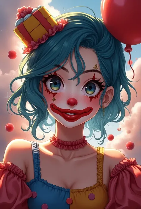 Create a female character based on the clown palette with anime style 