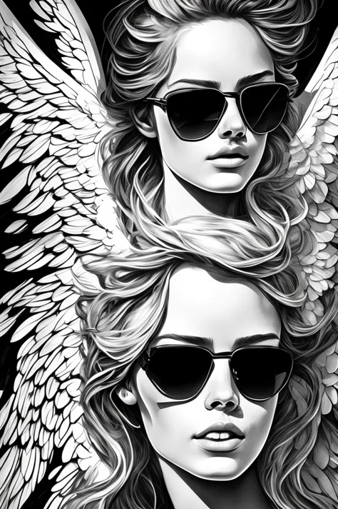 angel with sunglasses portrait,   one head expresionism, drawing style, sketch, artistic composition, black and white