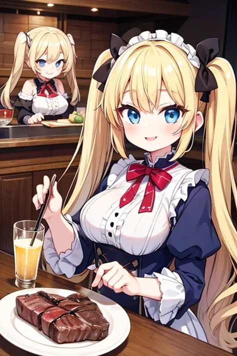 A happy smile,Large serving of steak,large amount of steak,Highest quality,Blonde with blue eyes、Lolita、Small breasts、Twin tails、girl&#39;enjoy,smile,bonnet,