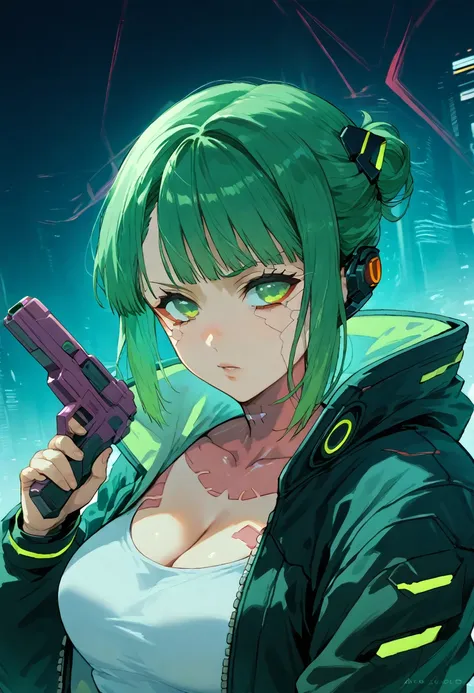 a woman with green eyes and a black jacket holding a gun, anime cyberpunk art, cyberpunk anime girl, best anime 4k konachan wall...