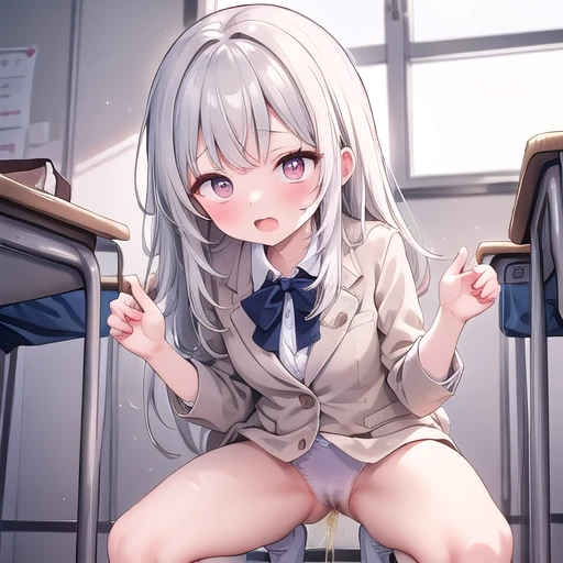  being touched by students、Wear adult-like underwear、crowdはスマホ撮影、 terrified 、Young female teacher taking off her business suit in the classroom 、Crouching posture、crowd、 pee on your own、