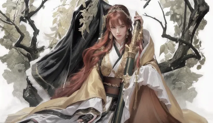 HYPPERREALISM PHOTOGRAPH of a Beautiful young noble Empress, holding a sword, green eyes, long straight ponytail dark red hair, white/red/black traditional clothes,  gold jewels/headpiece/earings, and her man,
High Resolution, Anatomically Correct, Accurat...