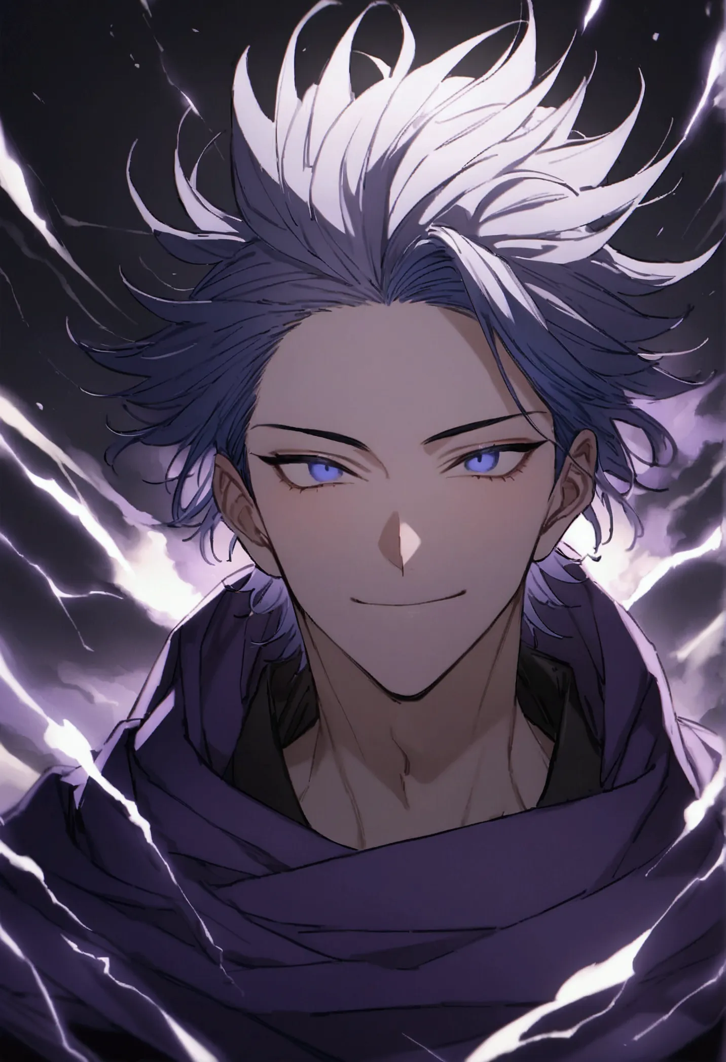 (masterpiece, 32k, 8k, image with ultra effects), background with several thunders and black clouds, human, 26 year old man, silver and spiky hair, electric blue eyes, confident smile on his face, purple blue cape, (image focused only on the characters fac...