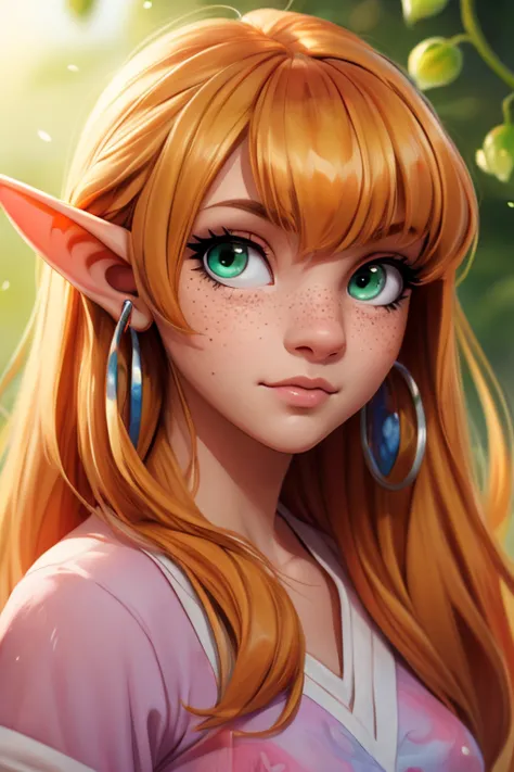 ( aquarell: 1.2), elf princess, blume,  freckles, bangs,  rothaarig ,  long hair, green eyes,  hair between the eyes, blume earr...