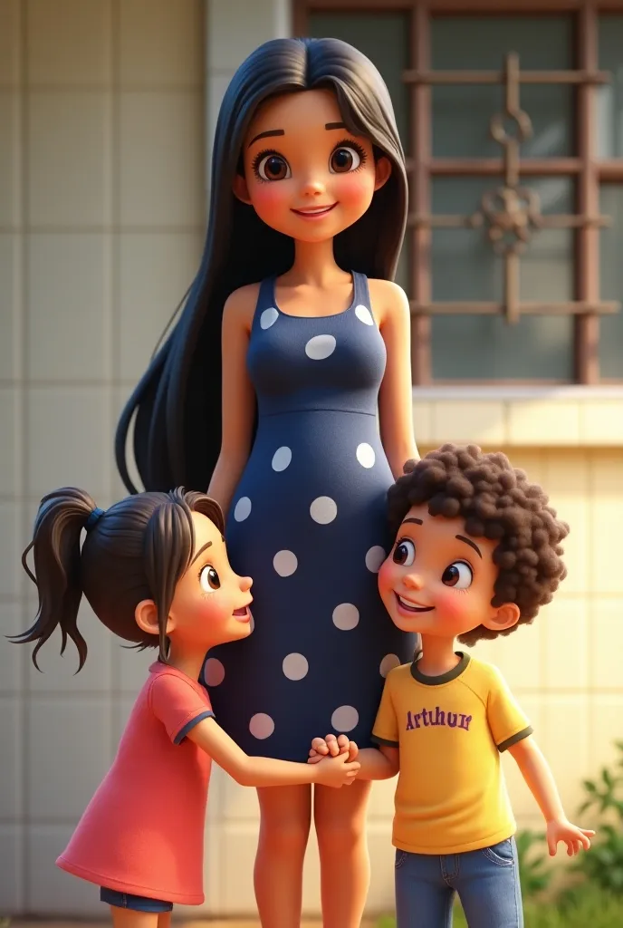  “Create for me in the form of a mascot A smiling young woman with long hair, smooth and dark,  wearing a navy blue dress with white polka dots . It is positioned in a relaxed manner ,  with one hand resting on the waist and the other lightly touching the belly . She is with her two ren, a girl with short hair and a boy with curly hair ,  holding hands The background shows a light tiled wall and a metal grille on the window.  The image has a bright and welcoming atmosphere ,  suggesting an outdoor scene close to a house .”

The boy wears a shirt with the name Arthur and the girl a shirt with the name Aurora  
