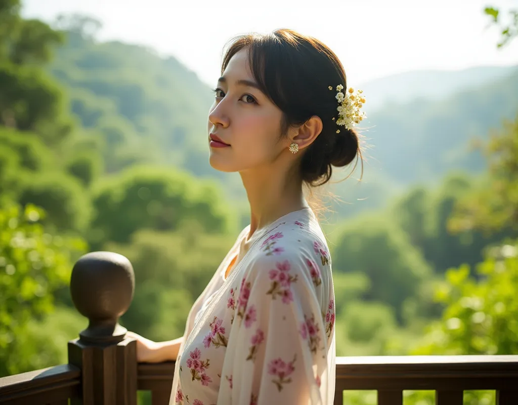 a stunning, photo-realistic portrait of an east-asian woman, approximately 24 years old, standing on a wooden terrace in a seren...