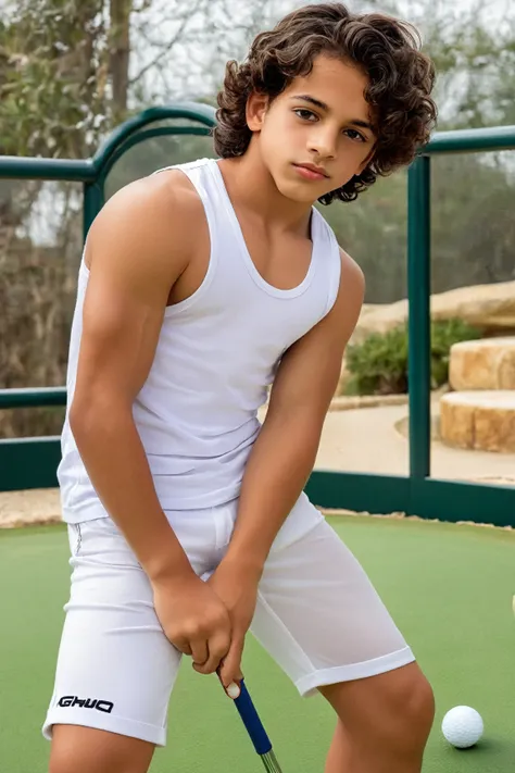 full body picture of a very cute and sexy young boy, 13 y/o. dark long and curly hair, latino, big brown eyes and a smart and se...