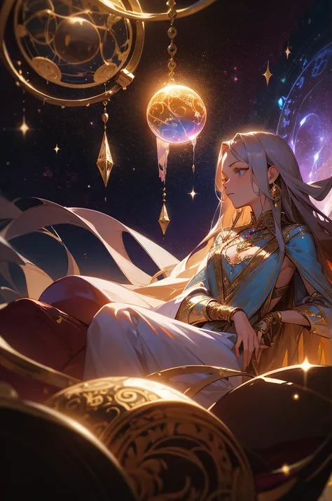  A beautiful astrologer ,  dressed in detailed and intricate , Ornate Jewelry, long flowing hair, ethereal expression,  sitting before a cosmic backdrop,  glowing crystal ball , mystical symbols, hidden artifacts ,  dramatic lighting ,  film composition , ...