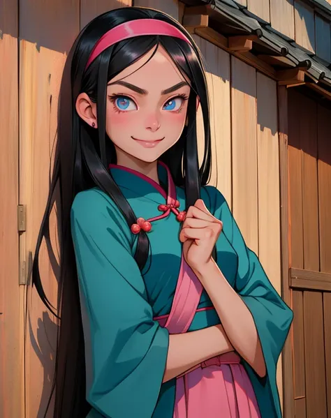 trixie tang,
long black hair girl,straight hime cut,pink headband,
blue eyes,big eyes,fair skin,snub nose,delicate mouth and jaw,
petite,very thin,skinny,
masterpiece, best quality, HDR,
wooden cabin background,
pink cheongsam,smug smile,